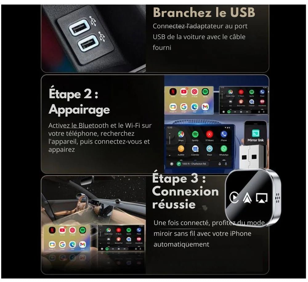 Adaptateur CarPlay sans fil 3 - en - 1 (Apple/Android) - Raukner.com